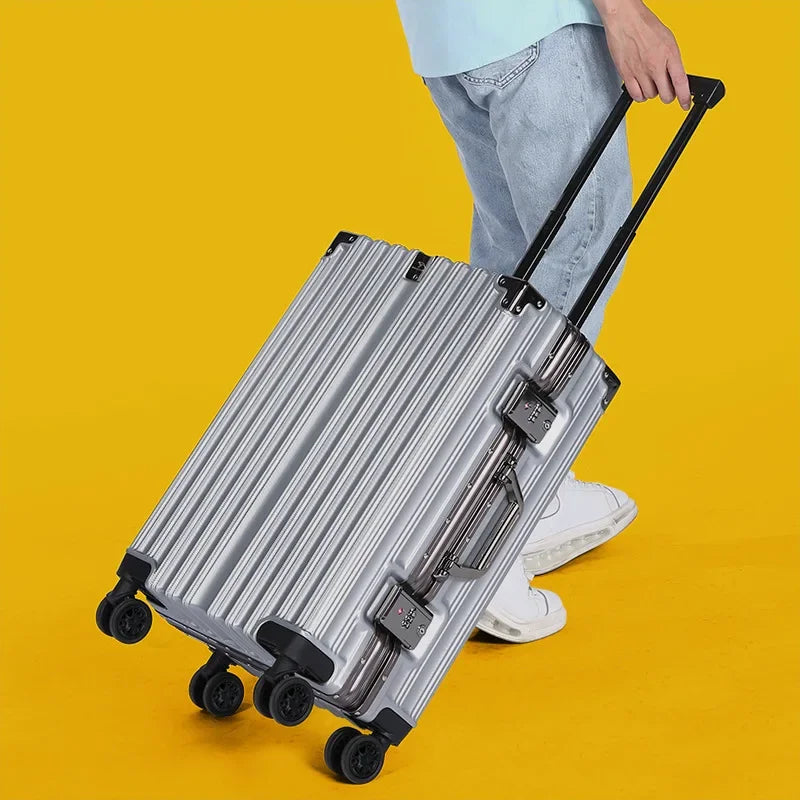 Essential travel gear: aluminum frame hardshell suitcase, ideal for vacation.