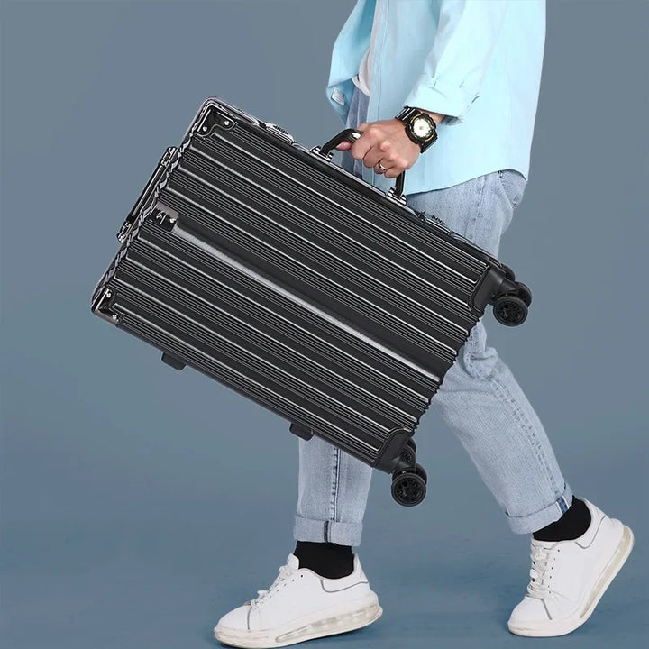 Robust aluminum frame hardshell luggage, built for durable international travel.