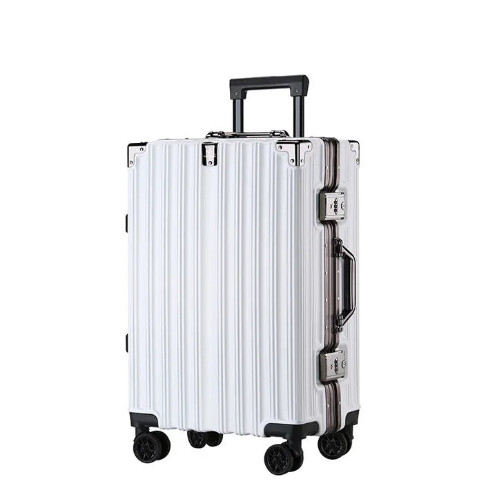 Large checked hardshell luggage with durable aluminum frame for extended travel.