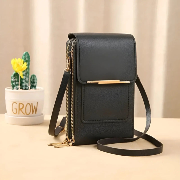 Versatile anti-theft crossbody bag displayed with daily essentials, secure, practical, and travel-ready.