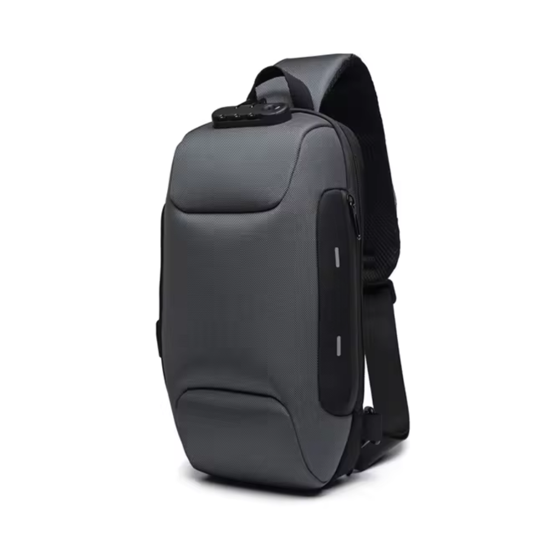 Unisex anti-theft crossbody bag with USB port, sleek design, secure lock, cut-resistant straps, ideal for travel safety.