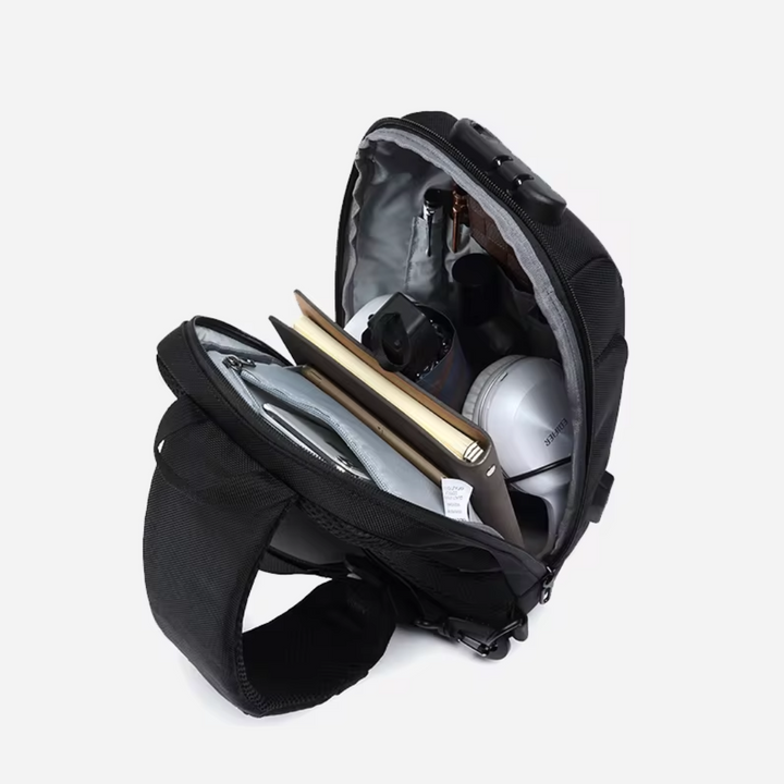 Unisex anti-theft crossbody bag with USB port, sleek design, secure lock, cut-resistant straps, ideal for travel safety.