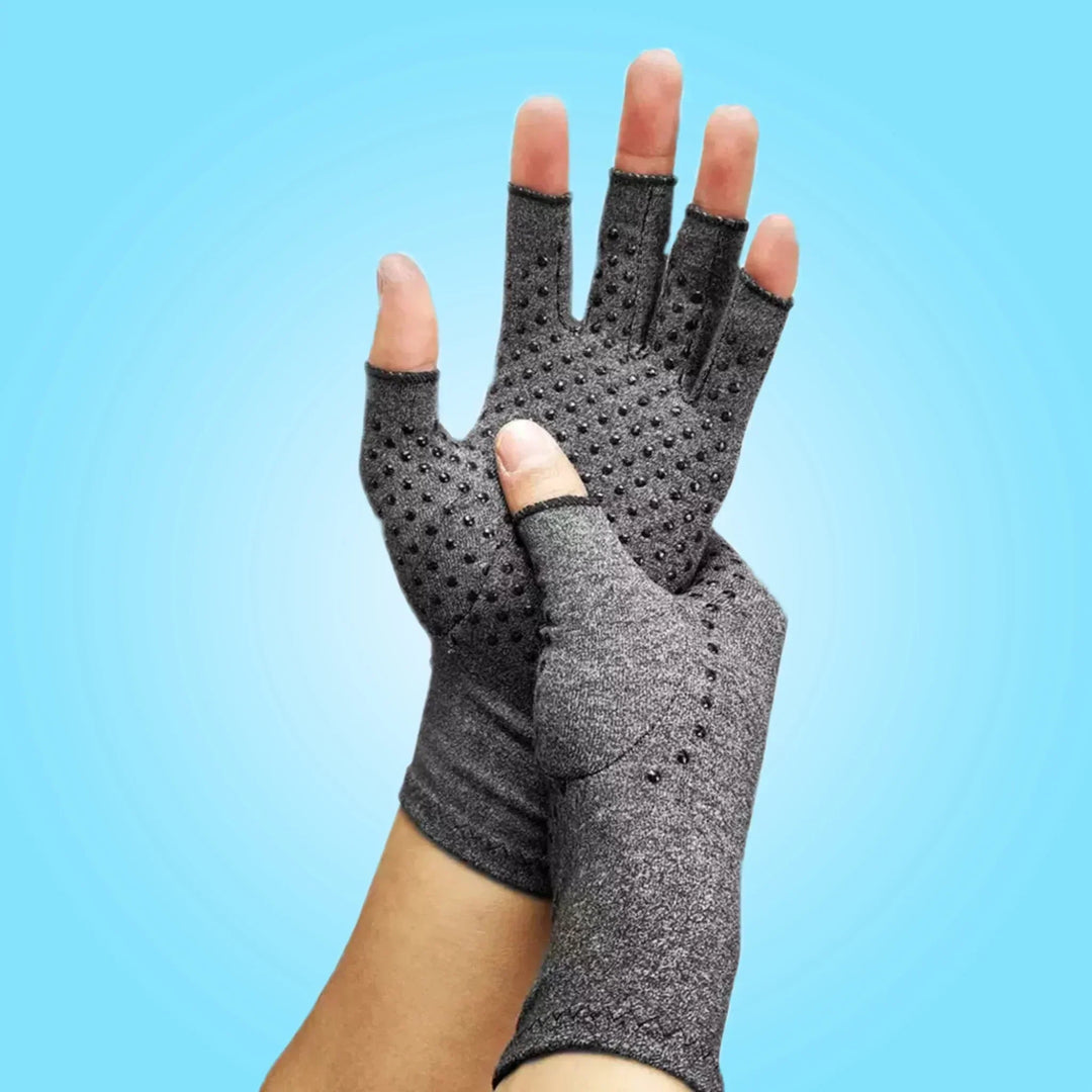 "Unisex arthritis compression gloves with grips, showcasing sleek design and textured grips for joint pain relief and stabili