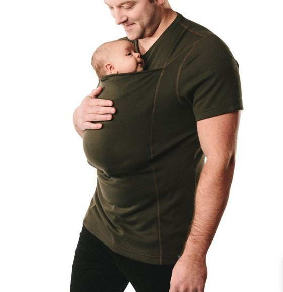 Hands-free baby carrier t-shirt with ergonomic design. Unisex comfort for parents, perfect for active babywearing.