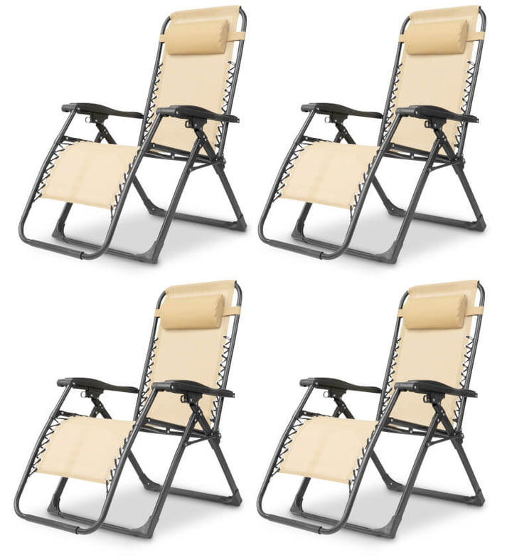 Cream outdoor garden chair, zero gravity design, comfortable and durable for lounging.