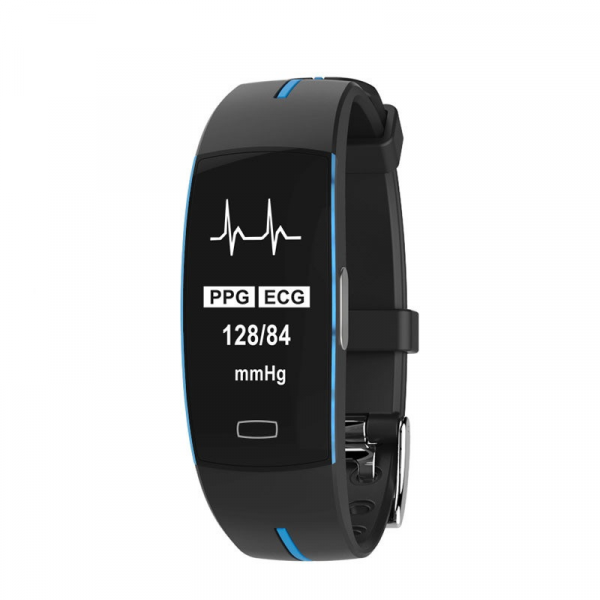 Unisex blood pressure smart watch with heart rate monitor, sleek design, and black band, displaying time and health metrics.