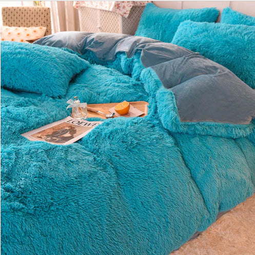 Complete candy-colored plush bedding set. Designed for ultimate softness and winter warmth & comfort.