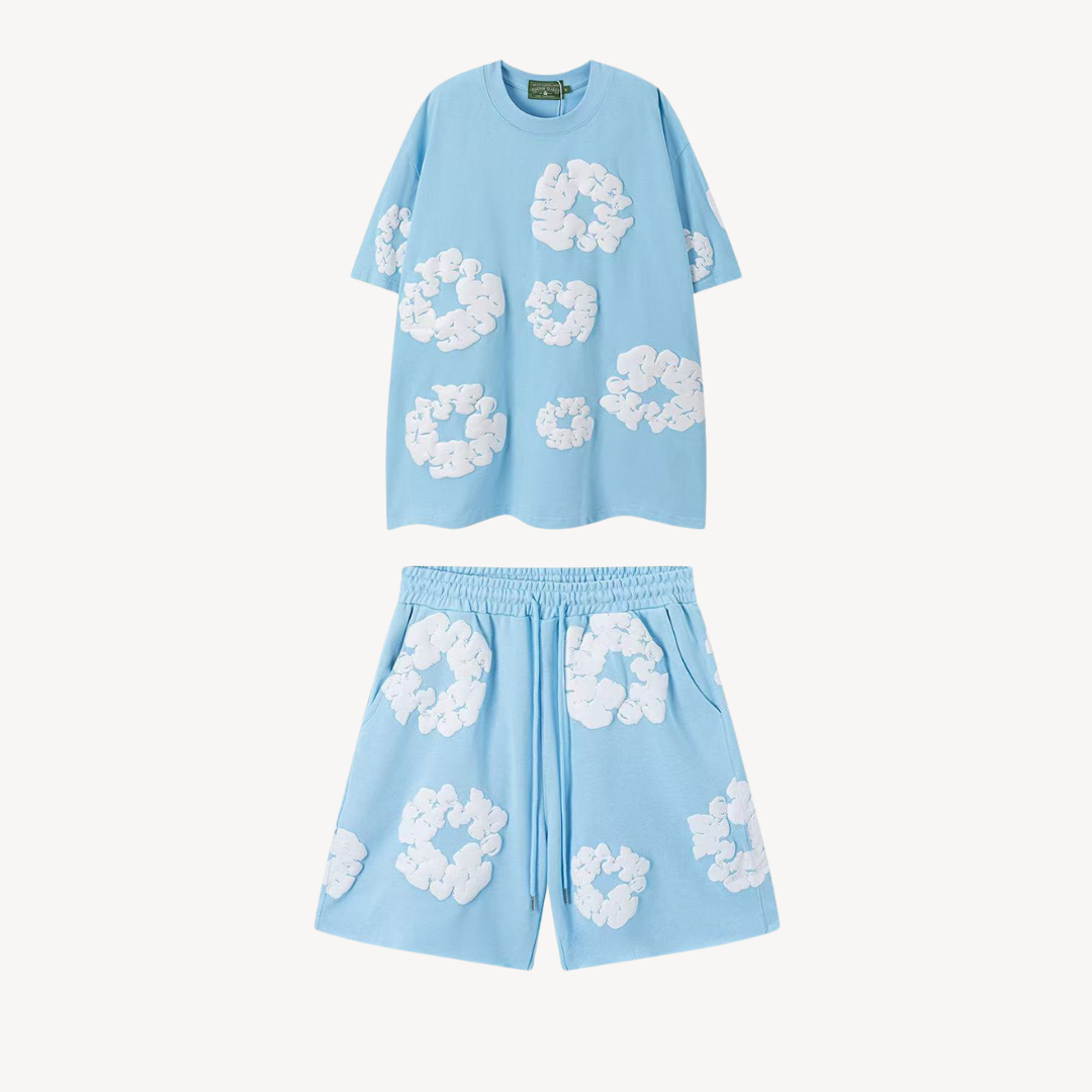 Unisex cotton floral tee and shorts set, bold floral print, soft fabric, casual wear, versatile unisex design, relaxed fit.