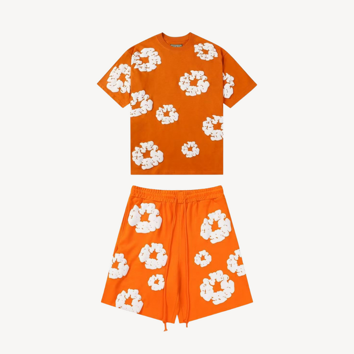 Unisex cotton floral tee and shorts set, bold floral print, soft fabric, casual wear, versatile unisex design, relaxed fit.