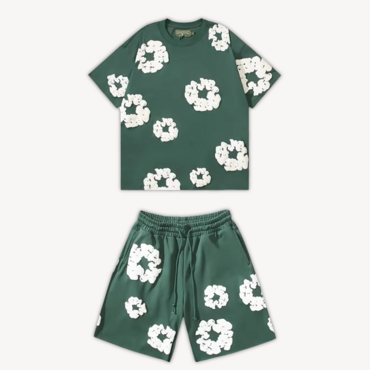 Unisex cotton floral tee and shorts set, bold floral print, soft fabric, casual wear, versatile unisex design, relaxed fit.