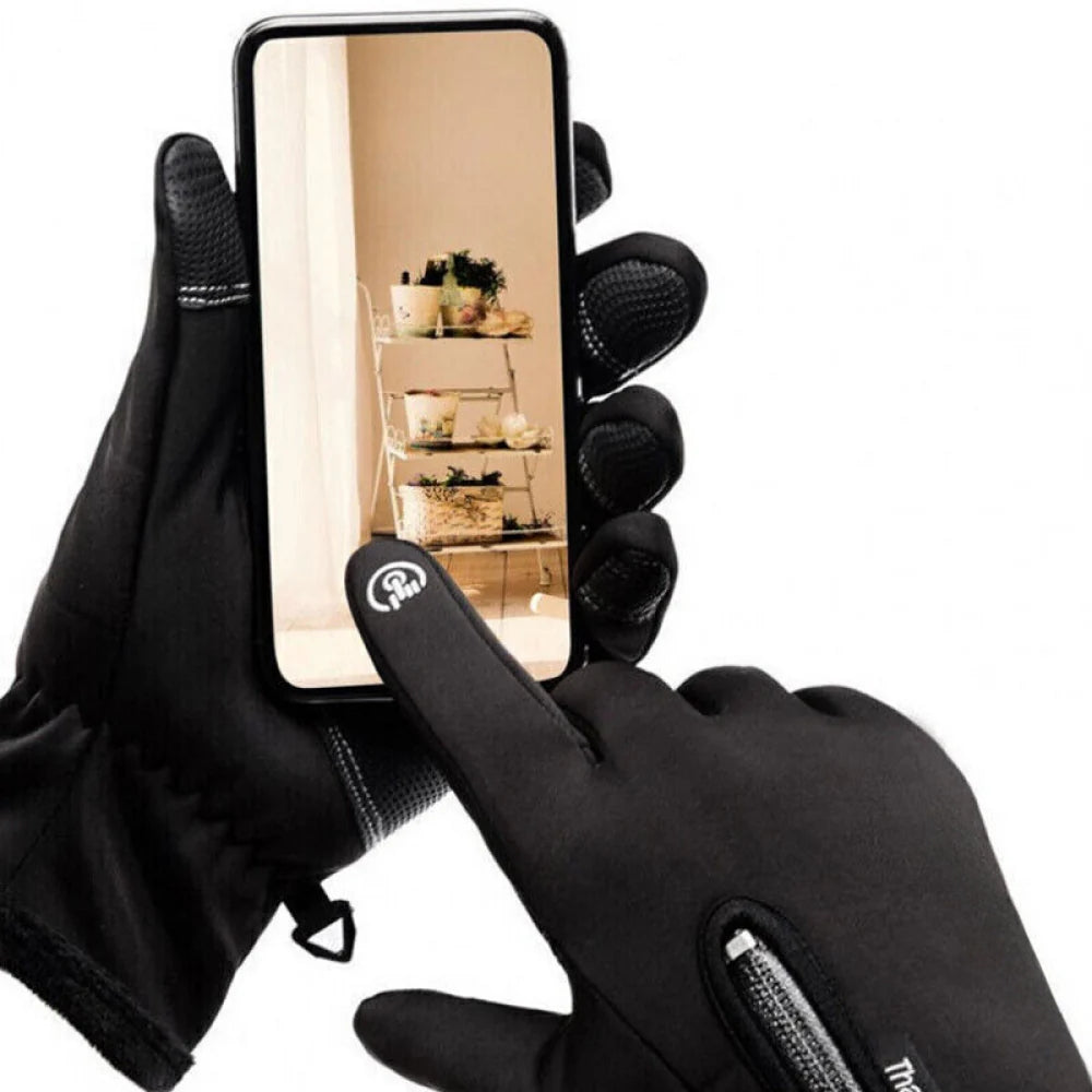 "Unisex electric thermal winter gloves, sleek black, waterproof, touchscreen fingers, USB-heated pads for ultimate warmth."