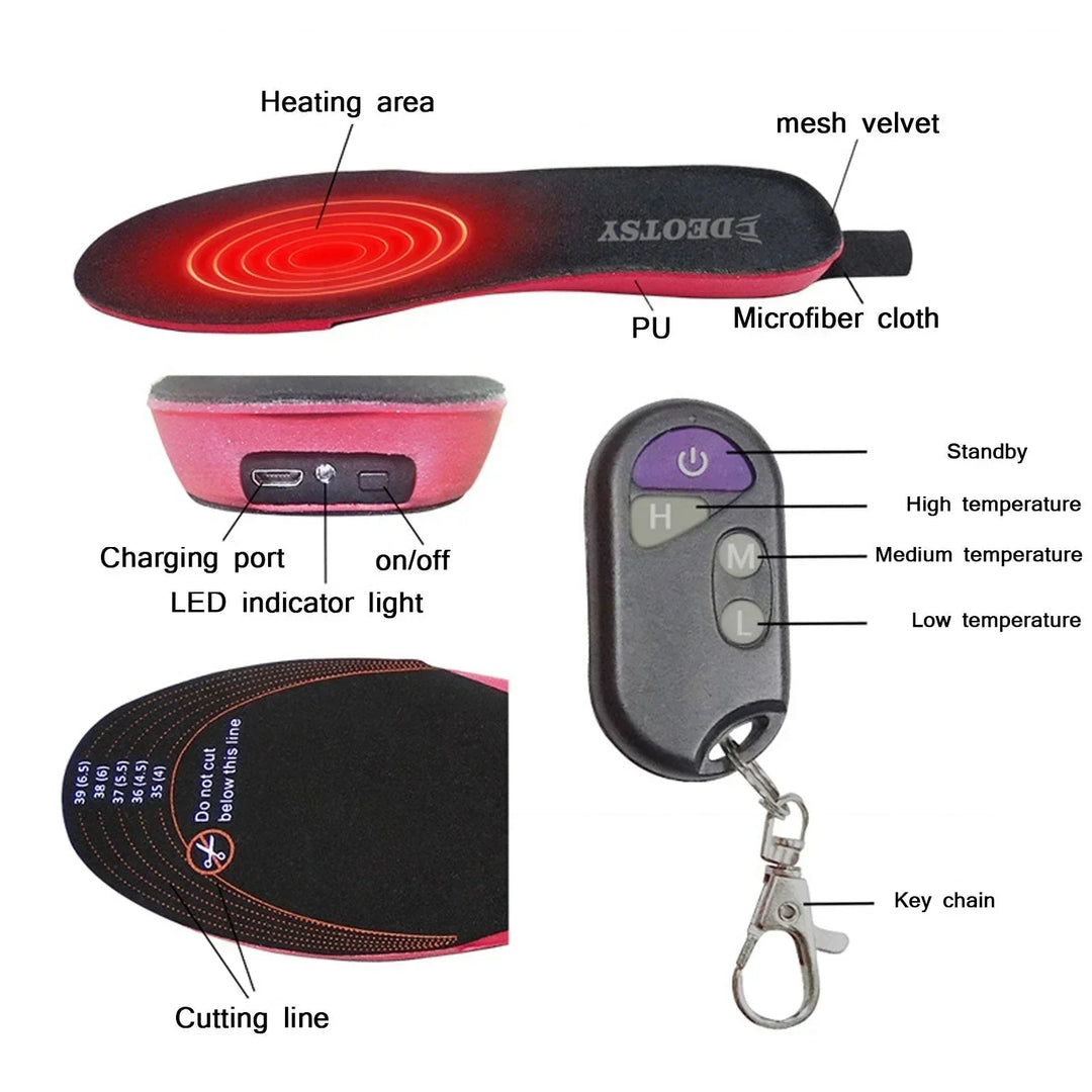 "Unisex electric warming foot insoles, sleek design, ideal for cold weather adventures, remote-controlled heat settings."