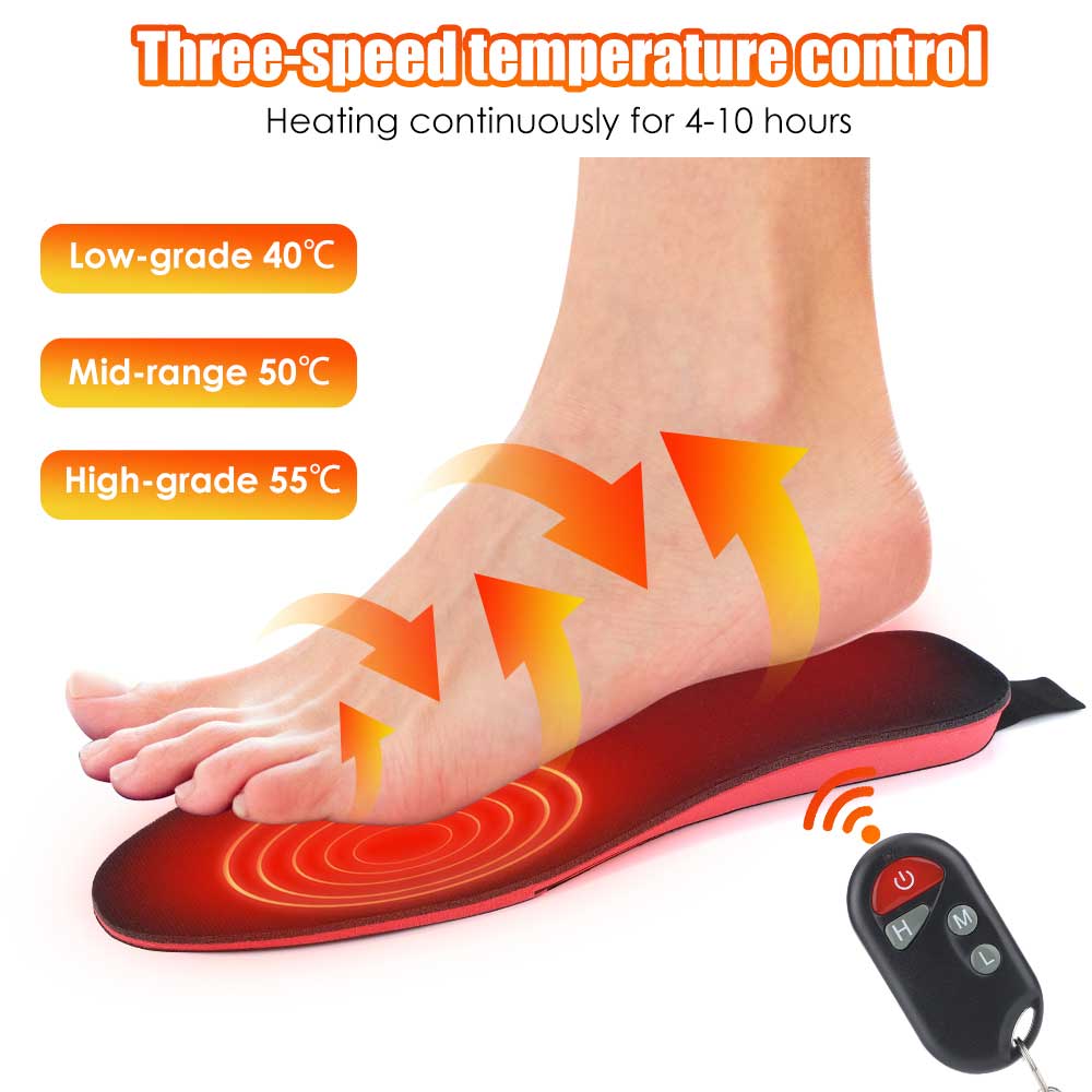 "Unisex electric warming foot insoles, sleek design, ideal for cold weather adventures, remote-controlled heat settings."