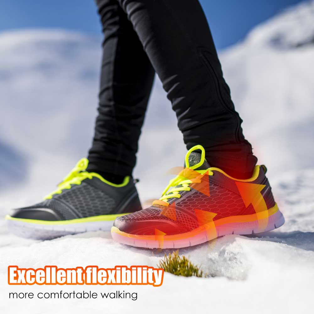 "Unisex electric warming foot insoles, sleek design, ideal for cold weather adventures, remote-controlled heat settings."