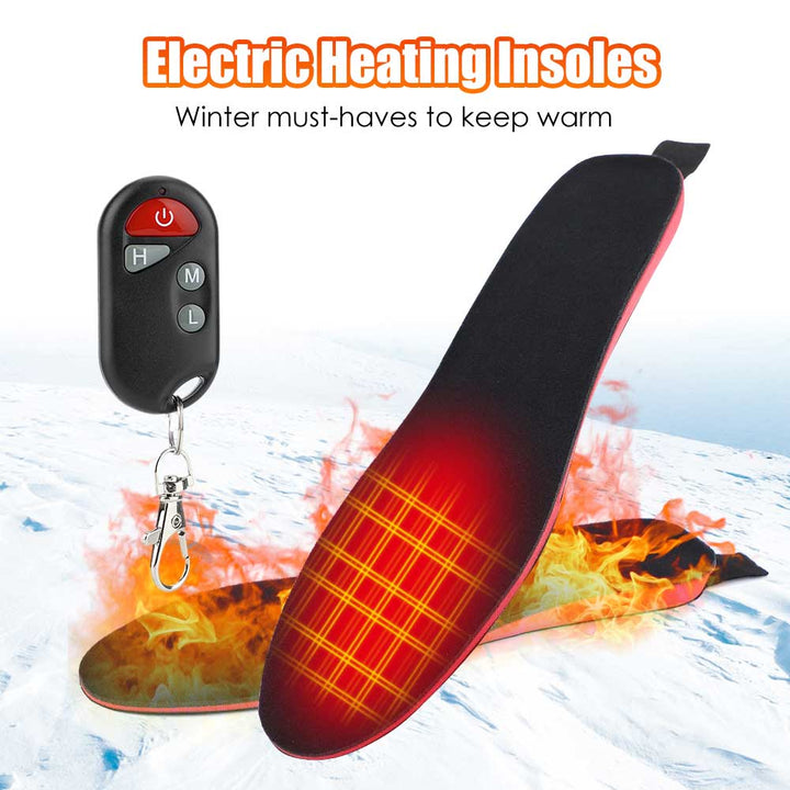 "Unisex electric warming foot insoles, sleek design, ideal for cold weather adventures, remote-controlled heat settings."