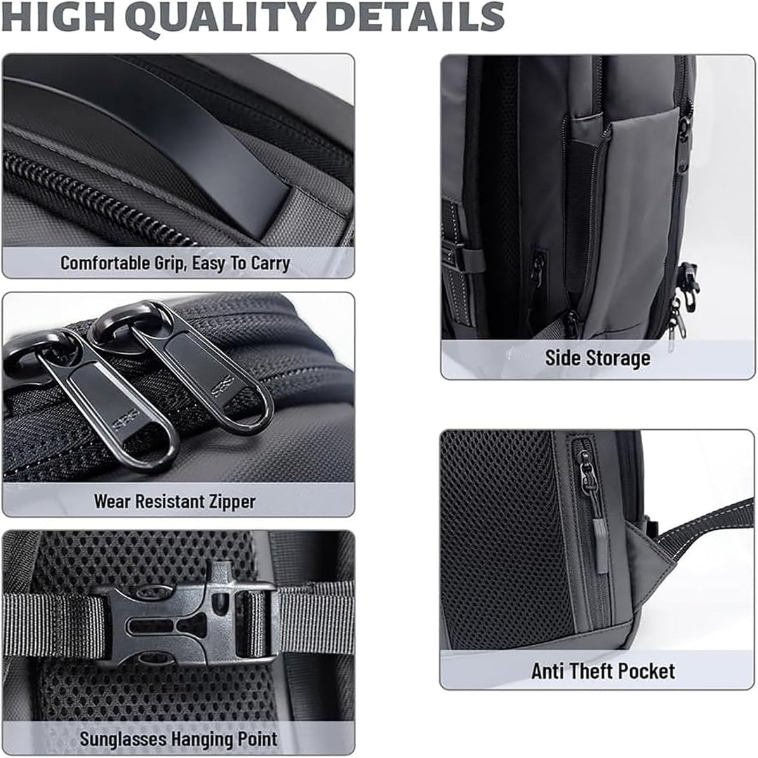 Interior of unisex travel backpack, showing spacious main compartment & separated wet dry pocket for organization.