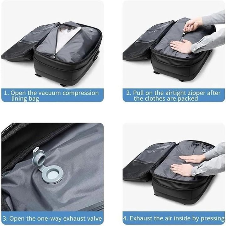 Man wearing a stylish grey unisex expandable travel backpack, ideal for flights & weekend getaways.