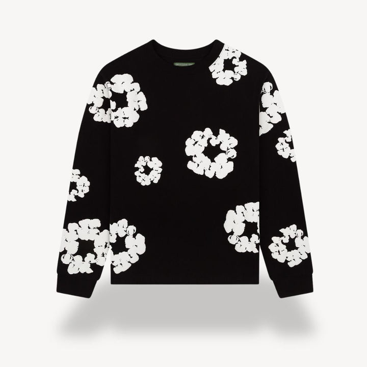"Unisex floral cotton sweatshirt with vibrant floral pattern, crew neck, and long sleeves in black for casual style."
