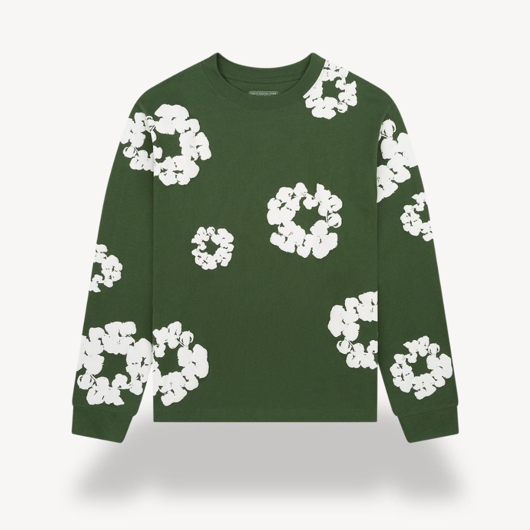 "Unisex floral cotton sweatshirt with vibrant floral pattern, crew neck, and long sleeves in black for casual style."