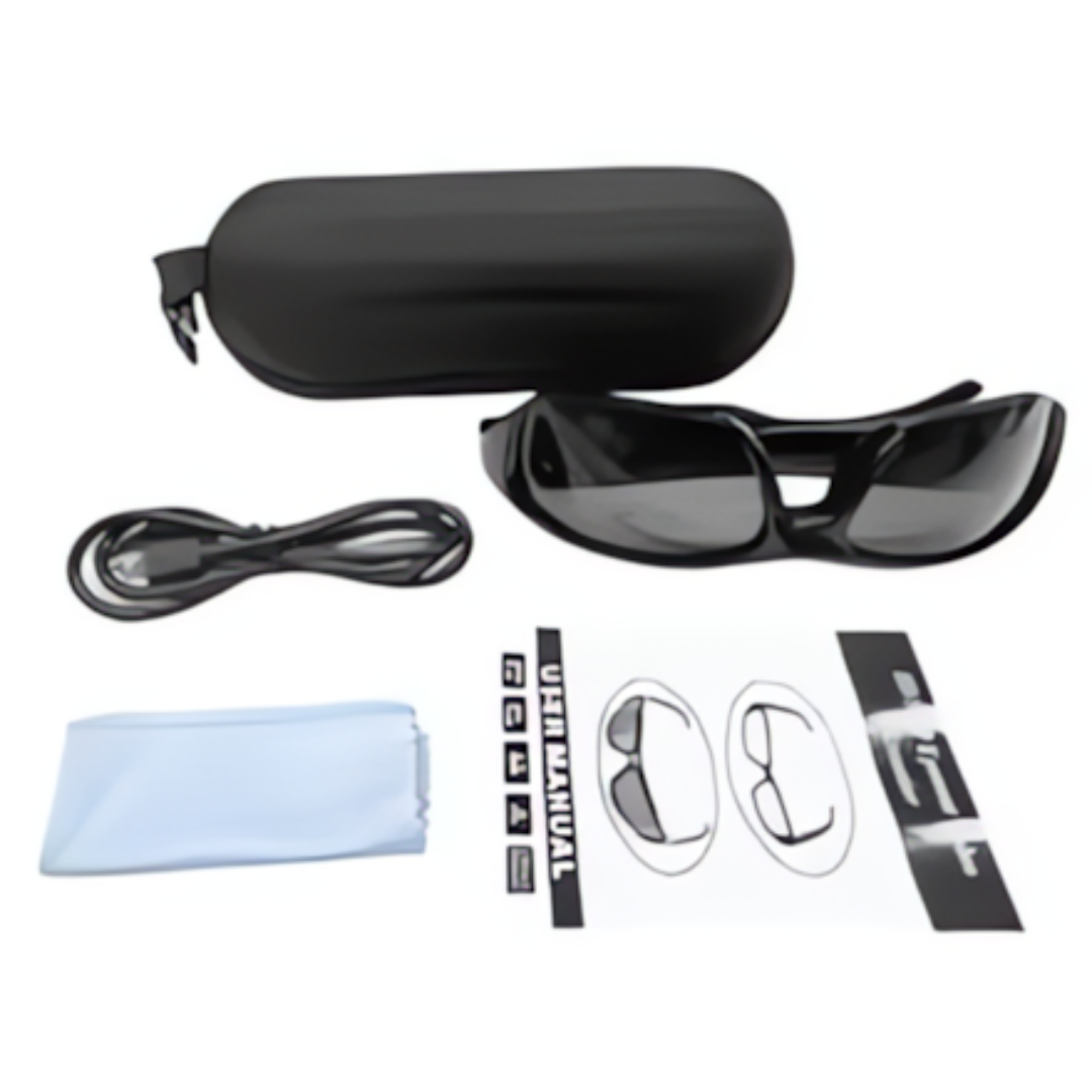 "Unisex glasses with built-in 4K camera, black frame, discreet design, wide-angle lens, ideal for hands-free video recording.