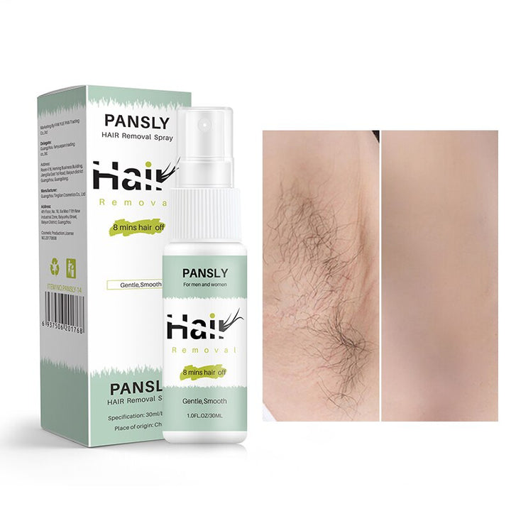 Unisex hair growth inhibitor spray for smooth skin, white bottle with green label, beauty product on a plain background.