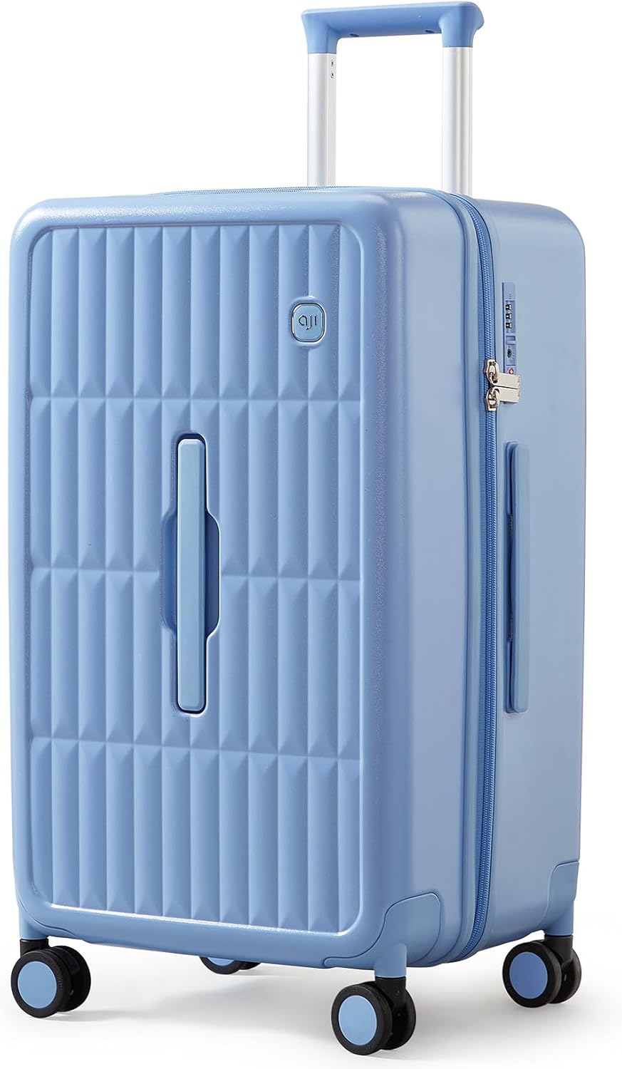 White hard shell spinner suitcase, elegant and durable for business travel and packing.