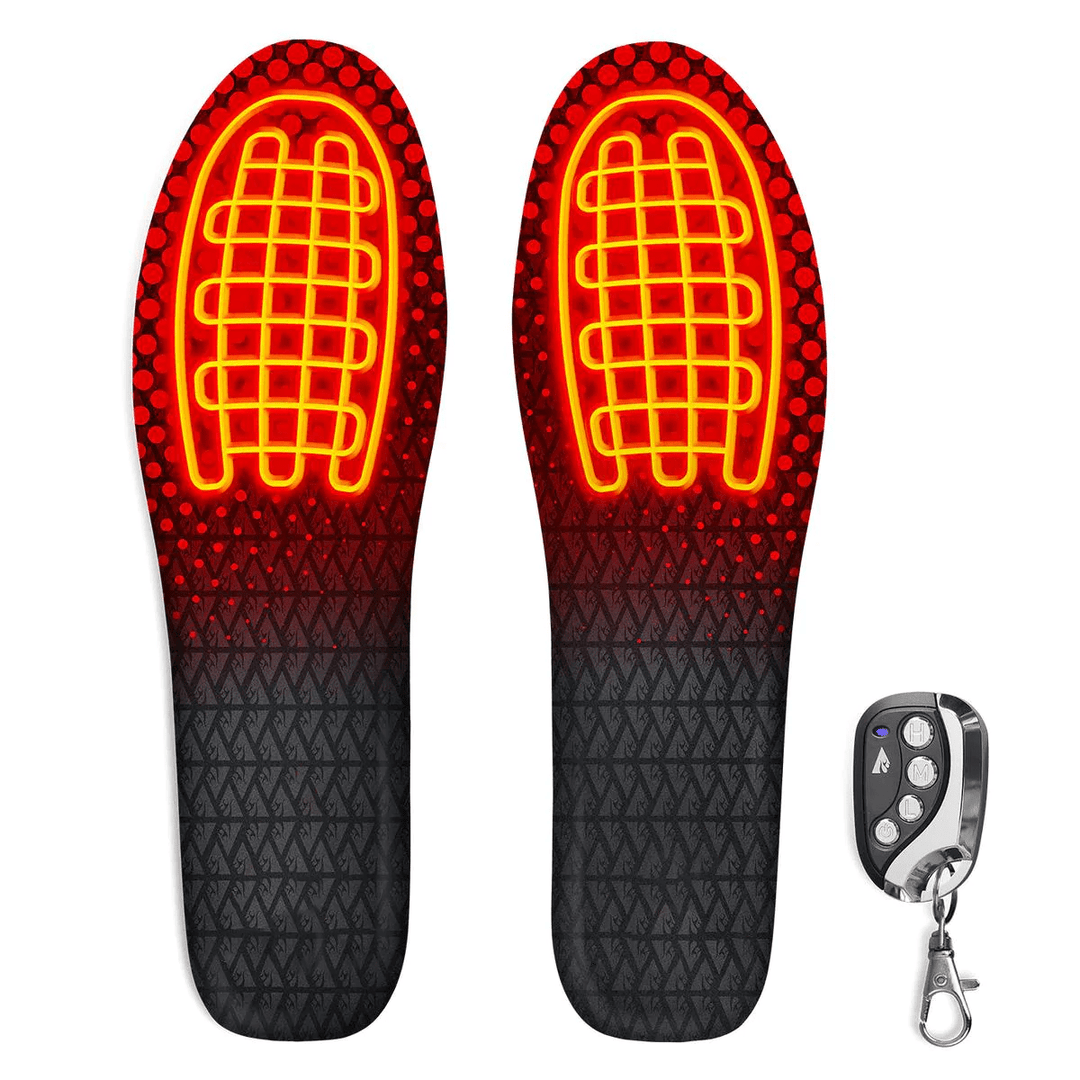 "Unisex heated insoles with rechargeable warmth, fits most shoes, ideal for cold weather, features wireless and adjustable he