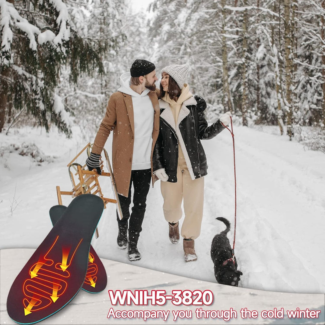 "Unisex heated insoles with rechargeable warmth, fits most shoes, ideal for cold weather, features wireless and adjustable he