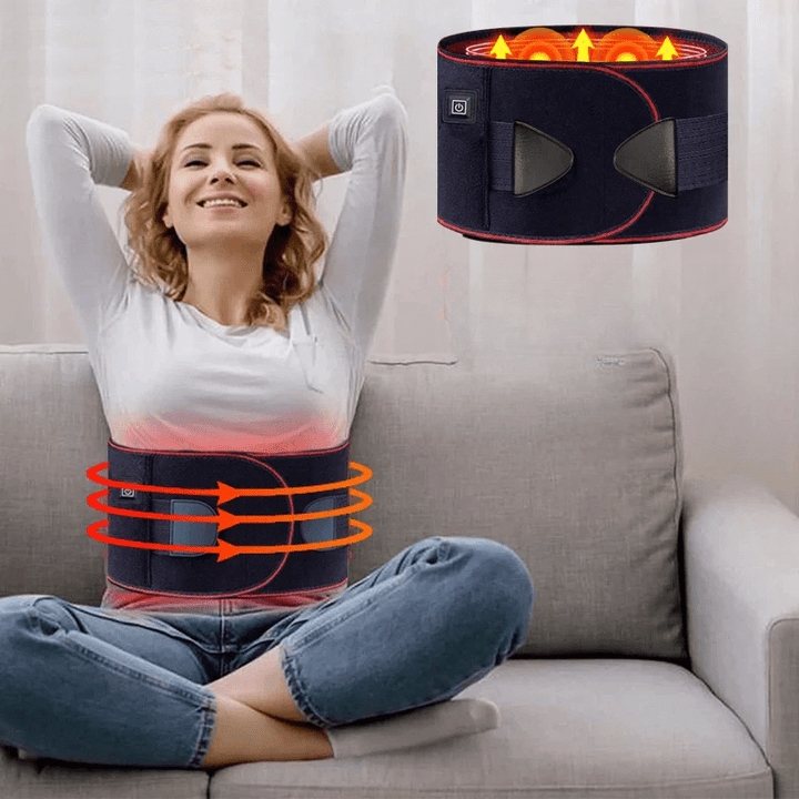 Unisex heated lower back support belt for pain relief, muscle relaxation & portable heat, providing lumbar comfort.