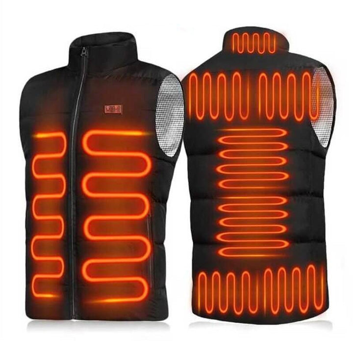 "Unisex heated vest with advanced heating technology, sleek black design, featuring 9 heating zones for targeted warmth."