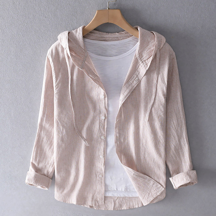 Unisex hooded shirt in lightweight fabric, showcasing breathable material and casual design with versatile unisex fit.