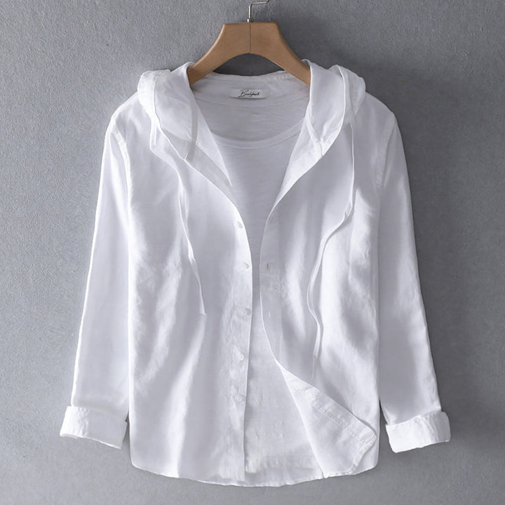 Unisex hooded shirt in lightweight fabric, showcasing breathable material and casual design with versatile unisex fit.
