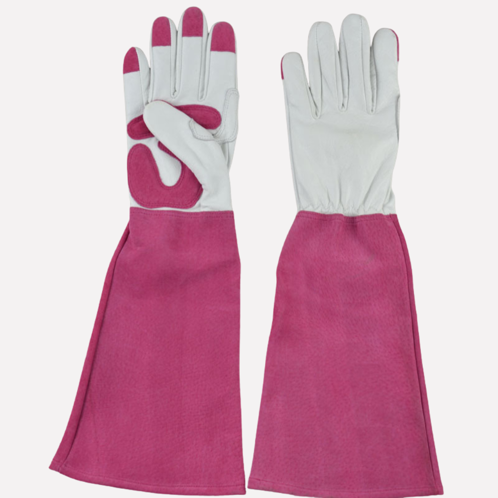 Pink long gardening gloves for unisex, providing excellent arm protection for extensive garden work, digging, and pruning.