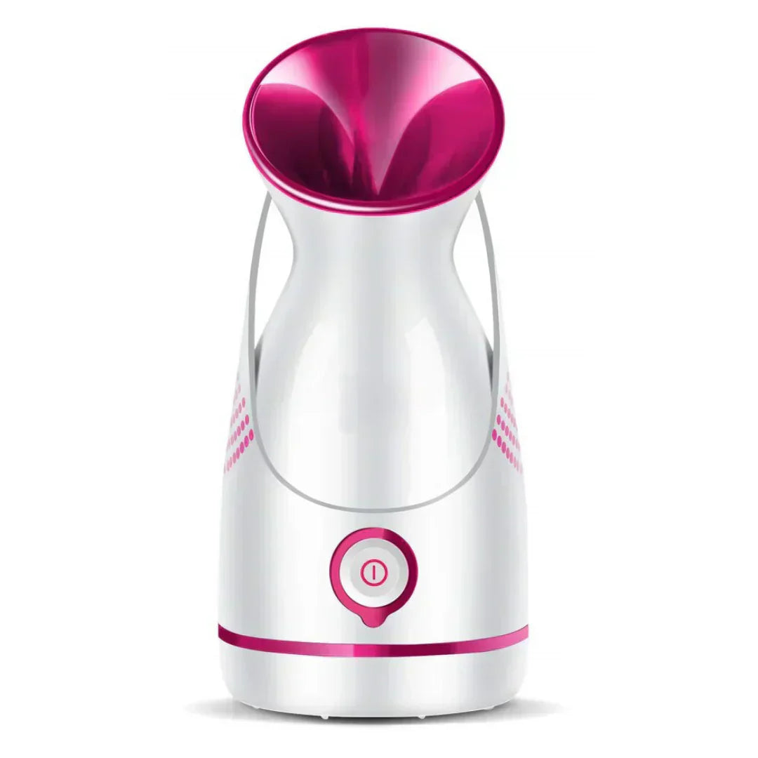 "Unisex nano-ionic skin rejuvenation steamer emits fine mist for deep hydration, suitable for all skin types, stylish design.
