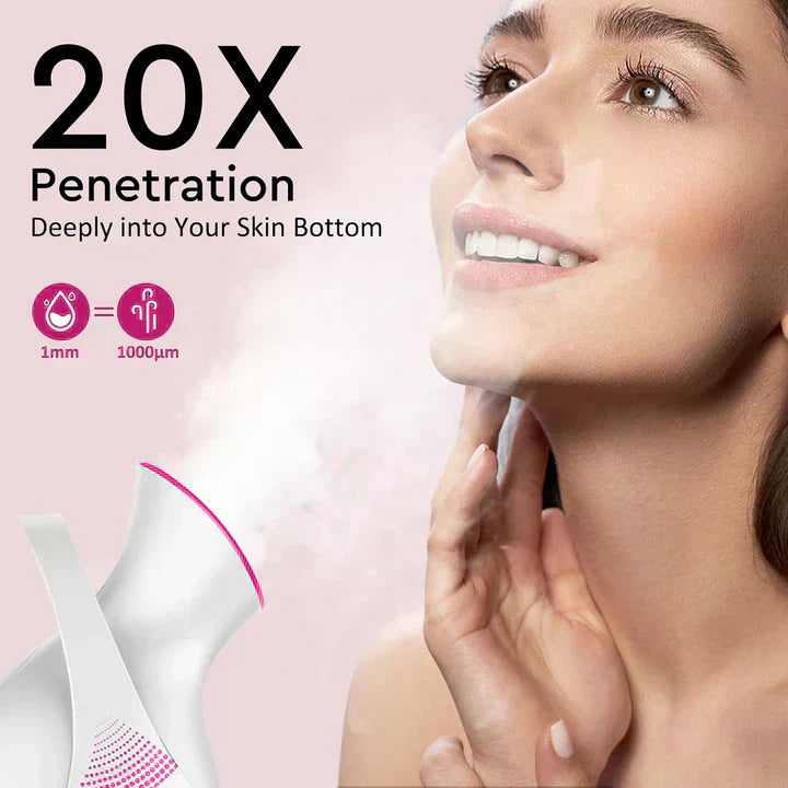 "Unisex nano-ionic skin rejuvenation steamer emits fine mist for deep hydration, suitable for all skin types, stylish design.