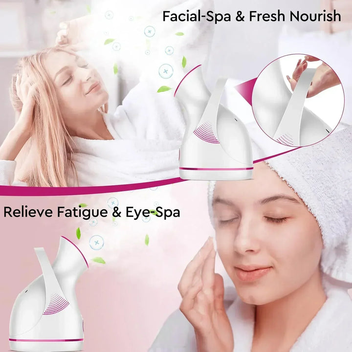 "Unisex nano-ionic skin rejuvenation steamer emits fine mist for deep hydration, suitable for all skin types, stylish design.
