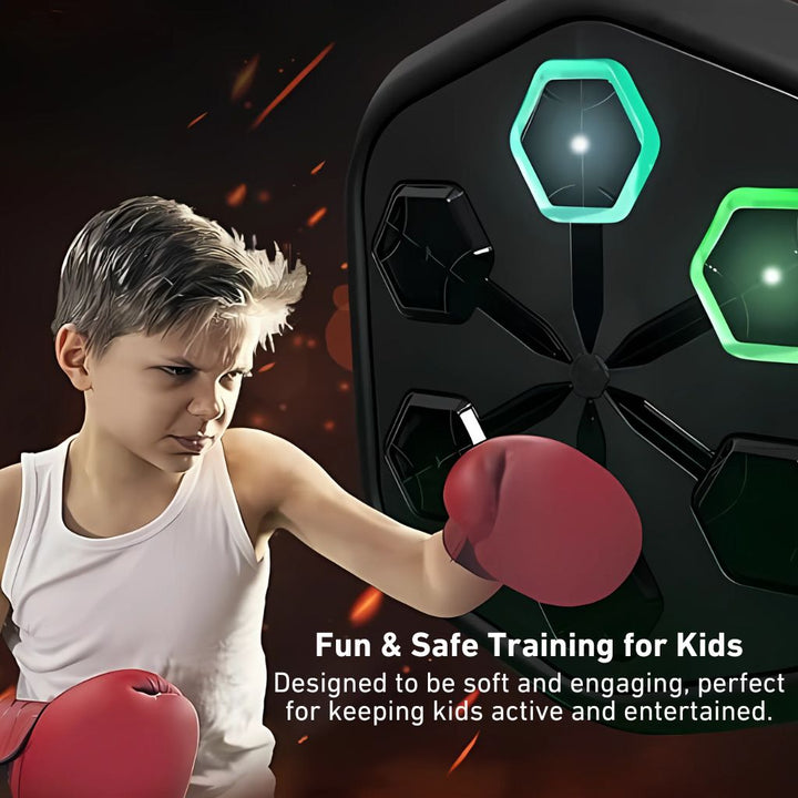 "Unisex Rhythm Punch Max Boxing Trainer with sleek design, digital display, music sync feature for immersive home gym workout