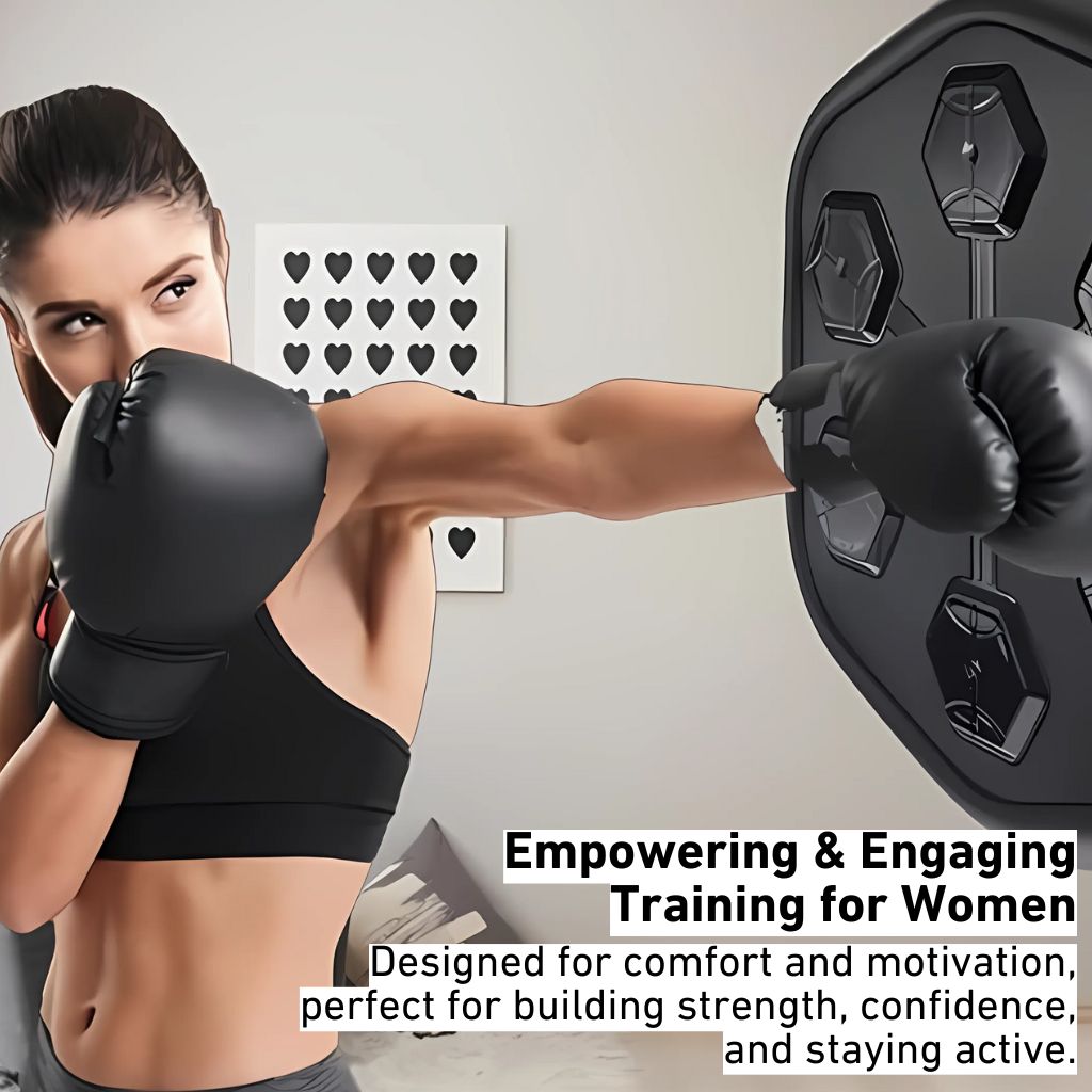 "Unisex Rhythm Punch Max Boxing Trainer with sleek design, digital display, music sync feature for immersive home gym workout