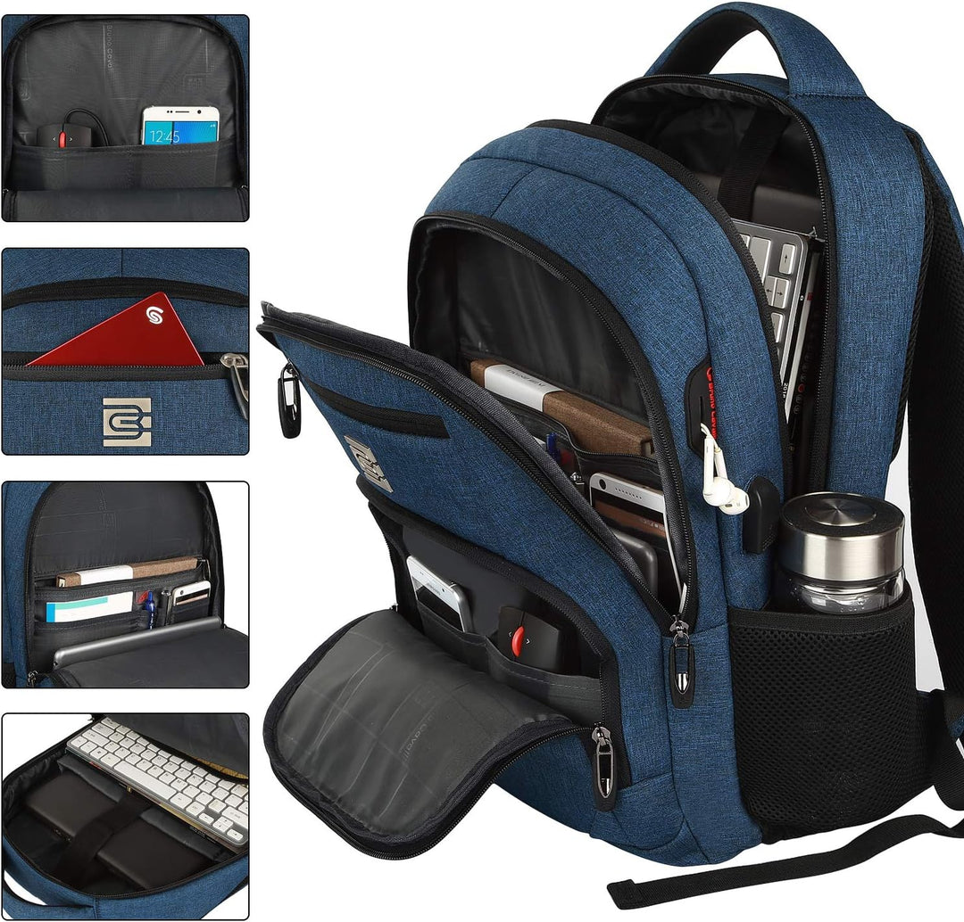 Versatile unisex anti-theft backpack, USB charging, slim design for travel, work, school.
