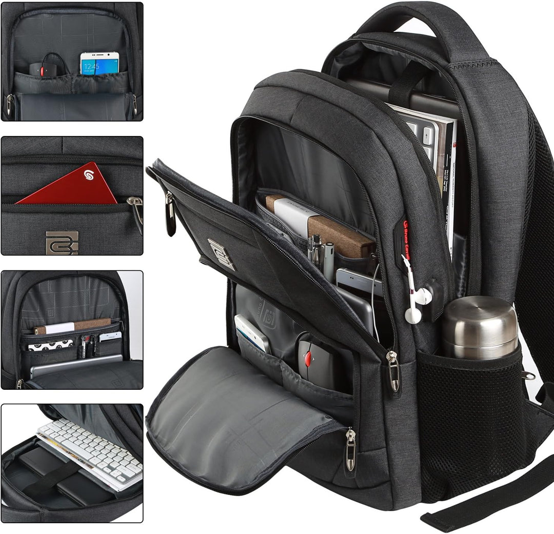 Anti-theft work backpack, slim design, USB charging, organized for modern professionals.