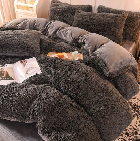 Close-up of a soft plush duvet cover, showing luxurious velvet texture. Perfect for cozy winter nights.