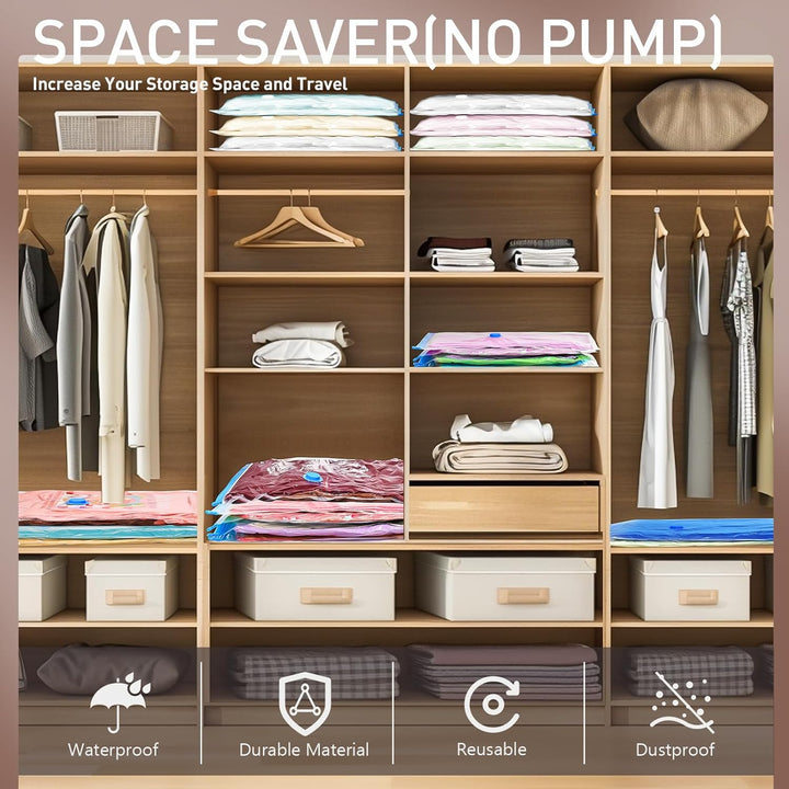 Multi-size vacuum storage bags & electric pump, perfect for clothes, bedding & travel.