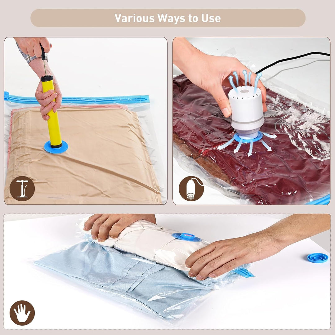 Compact electric pump and vacuum bags for efficient clothes storage & decluttering.