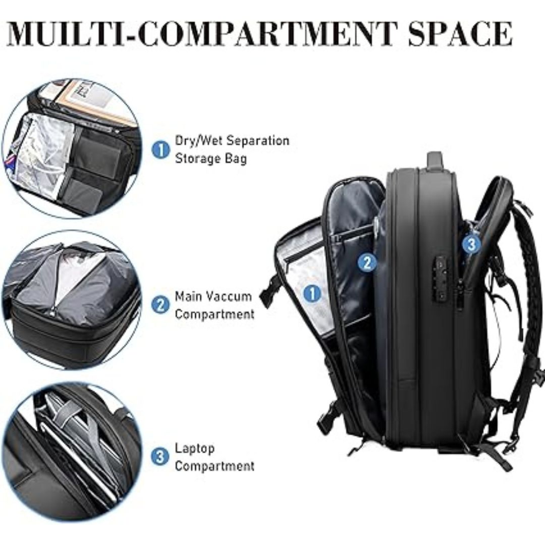 "Unisex Vacuum Travel Backpack with expandable design, anti-theft features, and dry/wet separation in Black, Blue, Gray, Gree