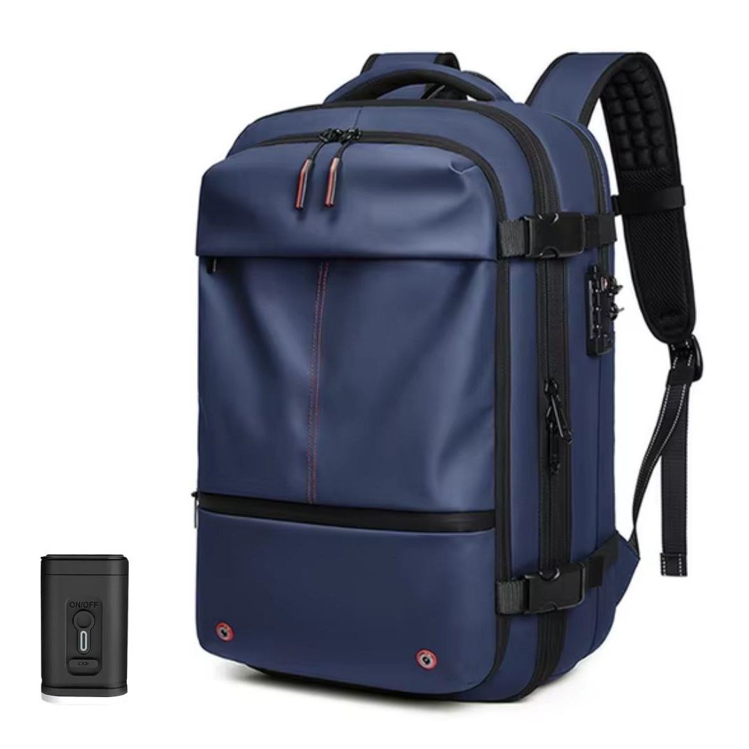 "Unisex Vacuum Travel Backpack with expandable design, anti-theft features, and dry/wet separation in Black, Blue, Gray, Gree