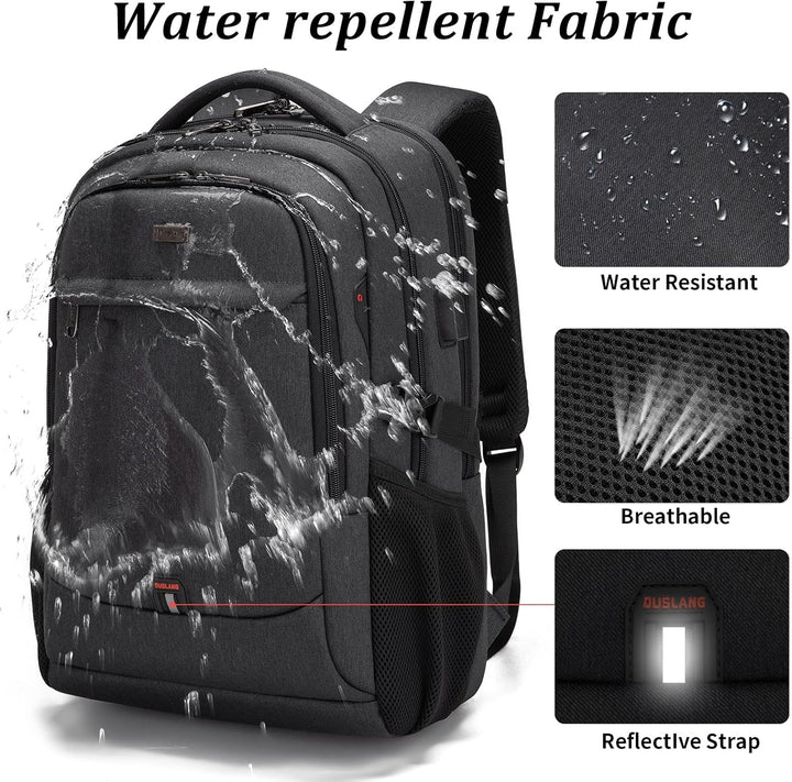 Ergonomic unisex travel backpack, water-resistant, designed for comfort, with laptop sleeve & USB.