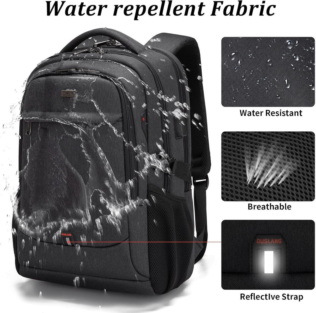 Organized water-resistant travel backpack, unisex, featuring multiple pockets & a USB charging port.