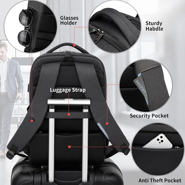 Sleek water-resistant unisex backpack, ideal for travel, laptops & on-the-go USB charging.