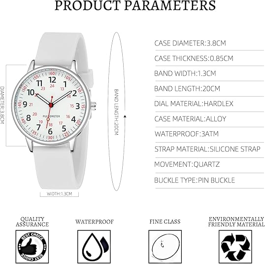 Durable silicone waterproof nurse watch with easy-to-read analog display & second hand.