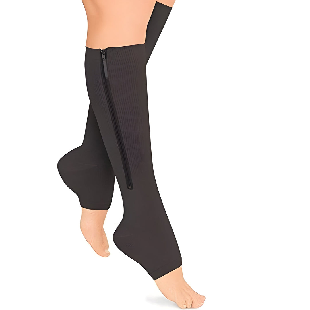 Unisex zipper compression socks, 20-30 mmHg firm support, easy-on knee high, for circulation & swelling relief.